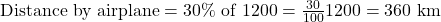 \text{Distance by airplane} = 30\% \text{ of } 1200 = \frac{30}{100} × 1200 = 360\ \text{km}