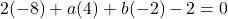2(-8) + a(4) + b(-2) - 2 = 0