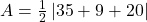 A = \frac{1}{2} \left| 35 + 9 + 20 \right|