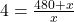 4 = \frac{480 + x}{x}