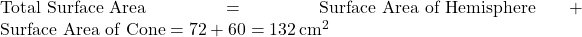\text{Total Surface Area} = \text{Surface Area of Hemisphere} + \text{Surface Area of Cone} = 72π + 60π = 132π \, \text{cm}^2