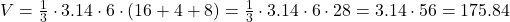V = \frac{1}{3} \cdot 3.14 \cdot 6 \cdot (16 + 4 + 8) = \frac{1}{3} \cdot 3.14 \cdot 6 \cdot 28 = 3.14 \cdot 56 = 175.84