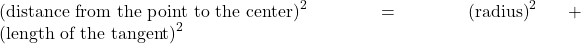 \text{(distance from the point to the center)}^2 = \text{(radius)}^2 + \text{(length of the tangent)}^2