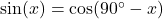 \sin(x) = \cos(90^\circ - x)
