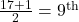 \frac{17+1}{2} = 9^\text{th}
