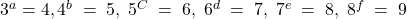3^a=4,4^b\;=\;5,\;5^C\;=\;6,\;6^d\;=\;7,\;7^e\;=\;8,\;8^f\;=\;9