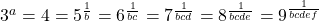 \begin{array}{l}3^a=4=5^\frac1b=6^\frac1{bc}=7^\frac1{bcd}=8^\frac1{bcde}=9^\frac1{bcdef}\\\end{array}