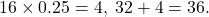 16\times0.25=4,\;32+4=36.