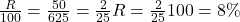\frac{R}{100} = \frac{50}{625} = \frac{2}{25} ⇒ R = \frac{2}{25} × 100 = 8\%